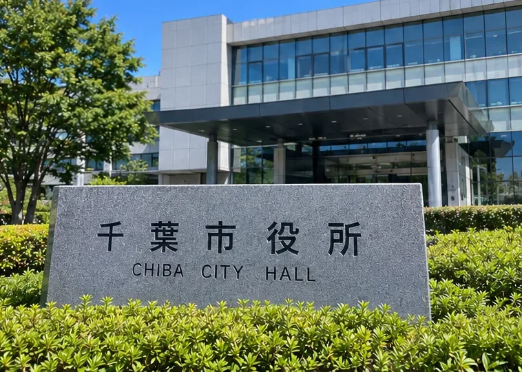 千葉市役所と書かれた石碑と庁舎の外観