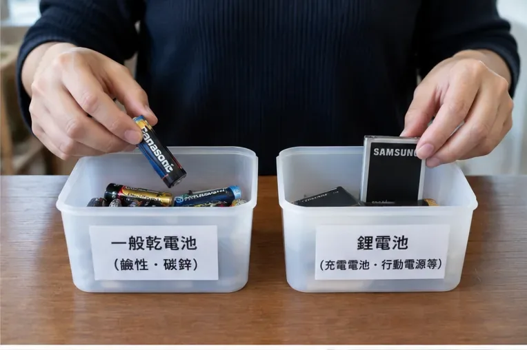 雙手把不同電池放入兩個分開的透明收納盒，盒上標示一般乾電池與鋰電池