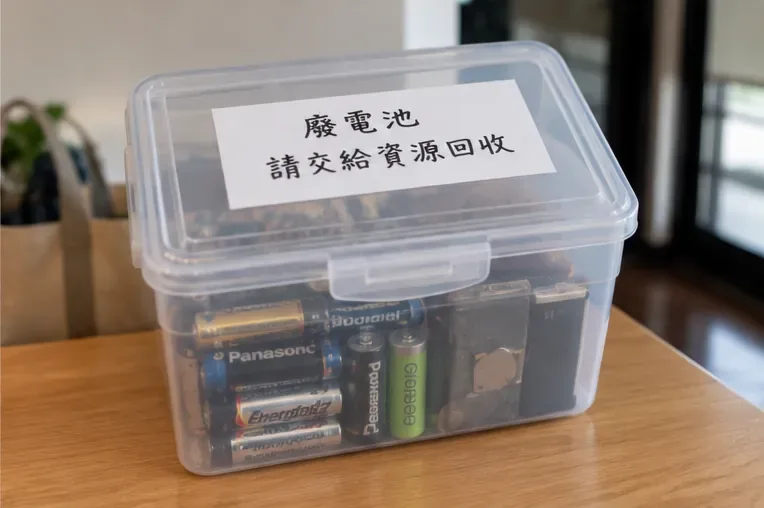 透明有蓋收納盒內裝著已整理的廢電池，盒蓋標示廢電池請交給資源回收