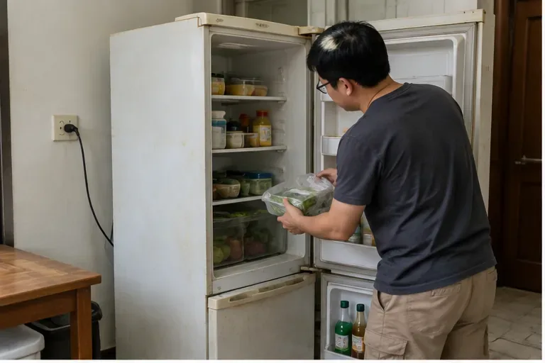 住戶在廚房把舊冰箱內的食物與容器逐一取出，準備交付回收
