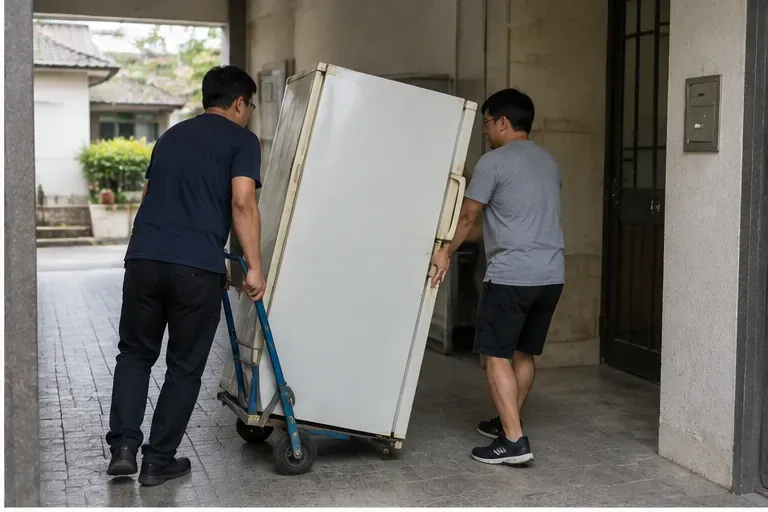 兩人使用家電手推車把舊冰箱從住宅入口安全移向地面層