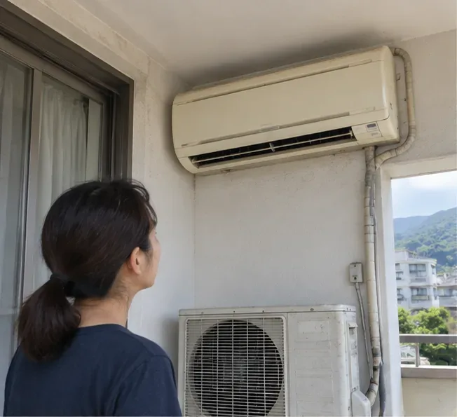 住戶查看壁掛式舊冷氣與室外機，先確認要淘汰的設備狀況