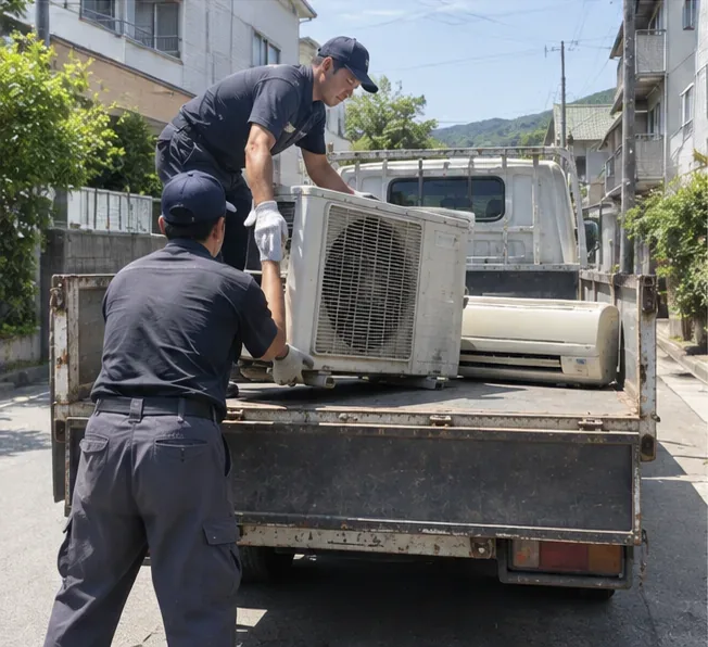 兩名工作人員將拆下的舊冷氣室外機與室內機搬上貨車