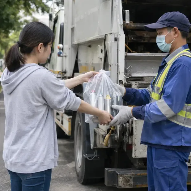 住戶在一般清運車旁把分開包裝的噴霧罐交給穿反光背心與手套的資源回收工作人員