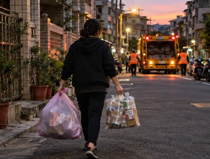 傍晚住戶依照垃圾車接近情況帶著垃圾與回收物前往街道收運點