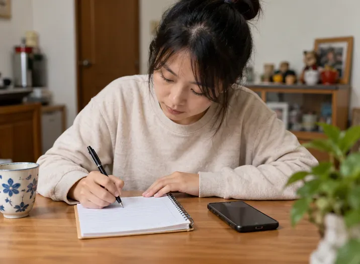 住戶在桌前記下住家路段與附近地標，手機放在筆記本旁