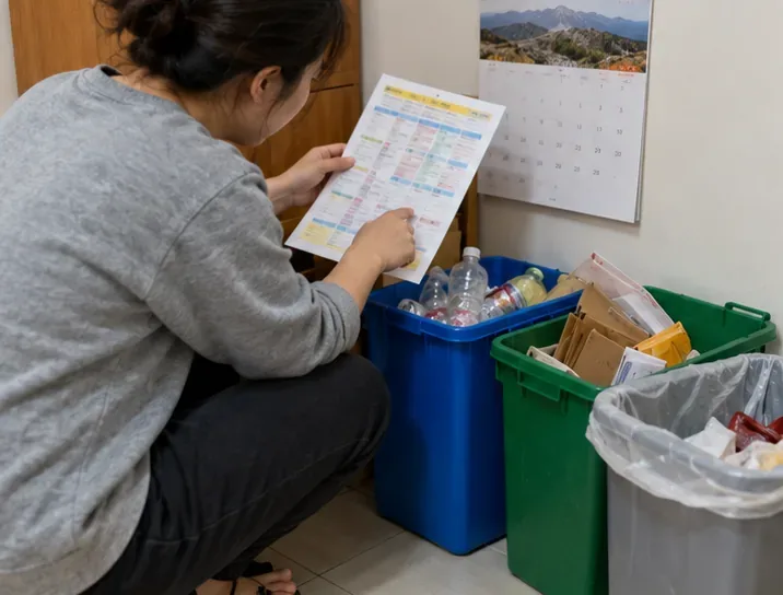 住戶拿著紙本筆記核對行事曆，旁邊有分開放置的資源回收容器