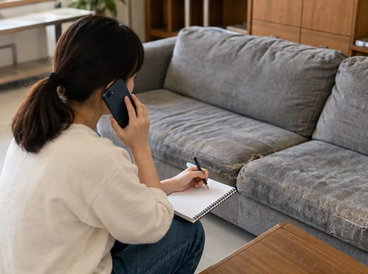 住戶在沙發旁用手機聯絡清潔隊，並在筆記本記錄清運資訊