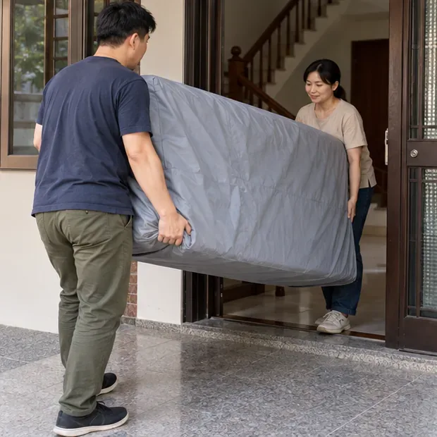 兩位住戶合力搬運套上保護套的床墊，從住家門口移往一樓地面