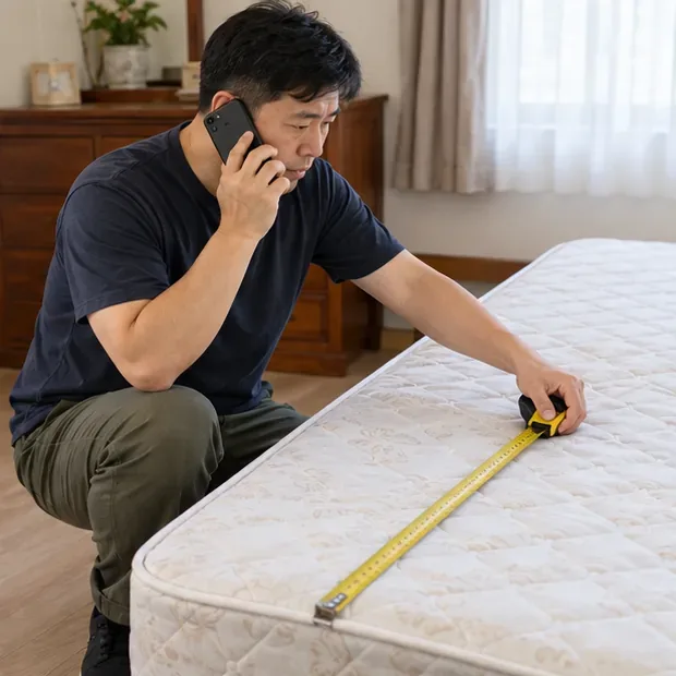 住戶一邊以電話聯繫清潔隊，一邊用捲尺量床墊尺寸，準備提供清運資料
