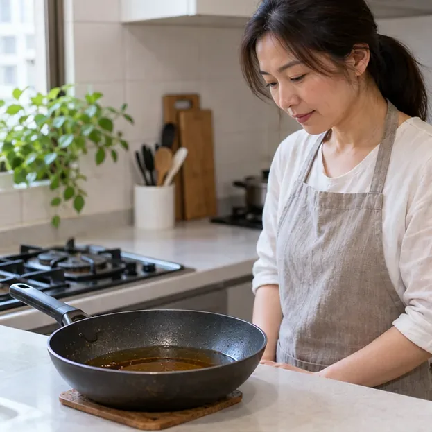 煎鍋中的使用過食用油放在廚房檯面上，待油完全冷卻後再倒入容器
