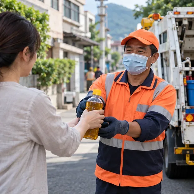住戶把封好的廢食用油瓶交給南投街區垃圾車旁的清潔人員