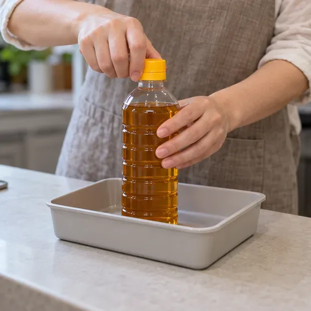 將裝有廢食用油的瓶子鎖緊瓶蓋，直立放在托盤中