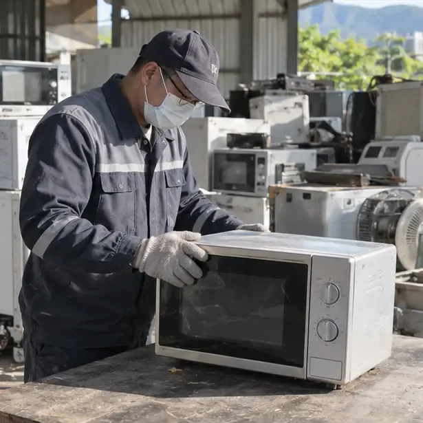 回收工作人員在家電回收場檢查一台完整微波爐