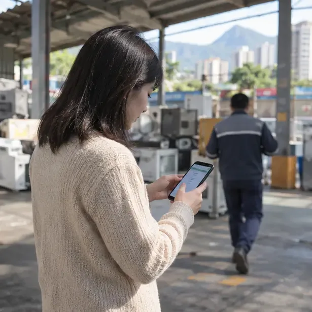 民眾在家電回收場用手機查看交付微波爐後的訊息或收據