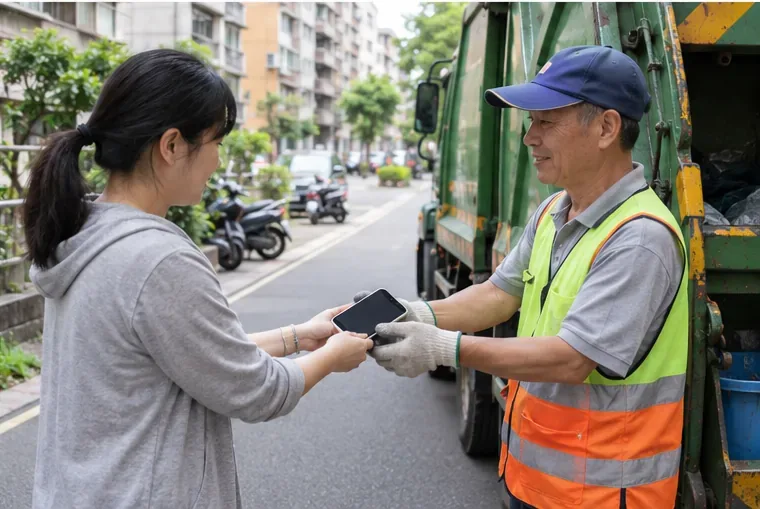 住戶在住宅街道把一支手機直接交給資源回收車旁的清潔人員