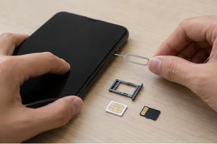使用退卡針取出手機卡槽，SIM 卡與 microSD 記憶卡放在手機旁