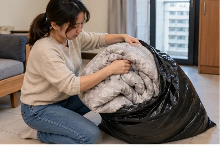 住戶把舊棉被壓縮後裝進大型垃圾袋