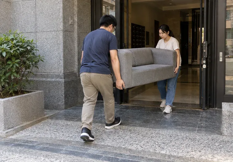 兩名成年人在建築物入口共同抬起沙發，沿平整通道向外搬運。
