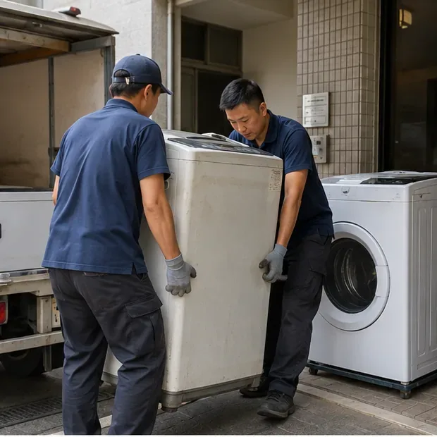 兩名搬運人員在住宅入口旁抬起一台舊洗衣機，旁邊停有搬運車與另一台洗衣機