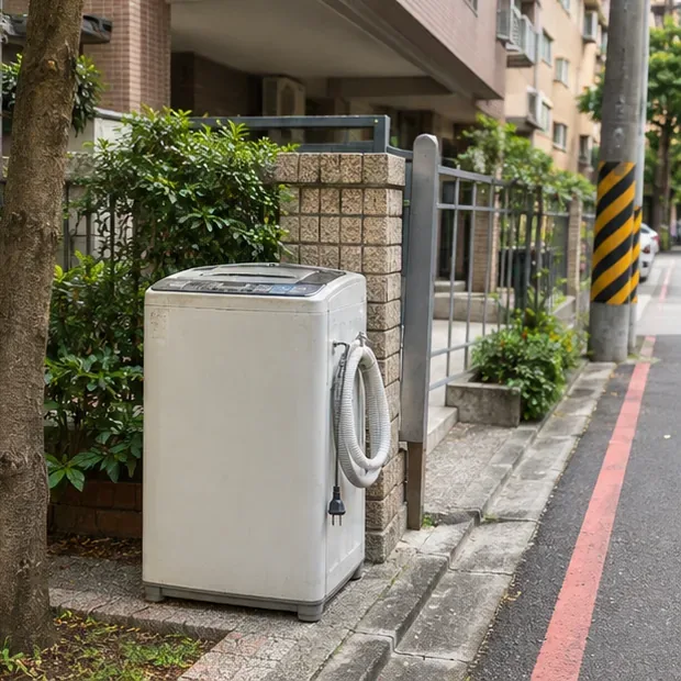 一台舊洗衣機放在住宅外側靠近出入口的位置，旁邊仍保留人行通行空間