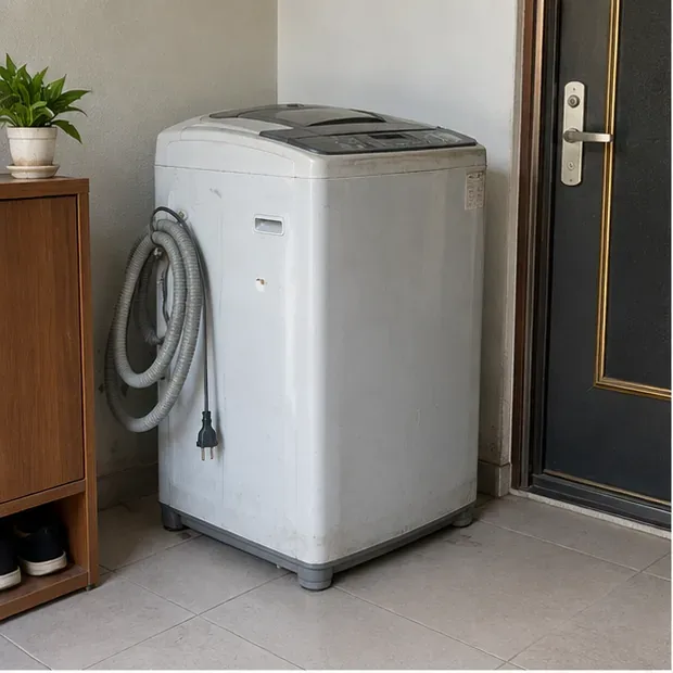 一台舊直立式洗衣機放在住宅入口內側，排水管與電源線已整理在機身旁