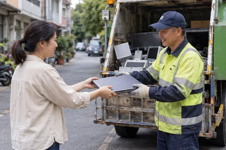 住戶在街邊把闔起的筆電交給穿反光背心的資源回收車工作人員。