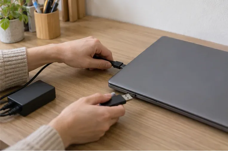 雙手在桌面上拔除筆電連接線與 USB 隨身碟，筆電保持闔起。