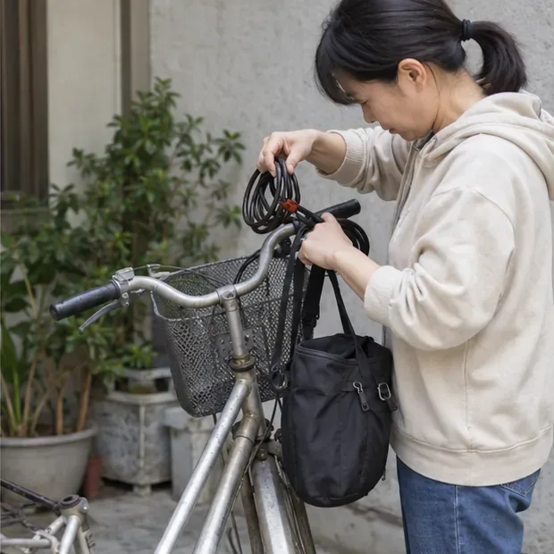 一名女子從腳踏車車籃取下個人背包與鎖