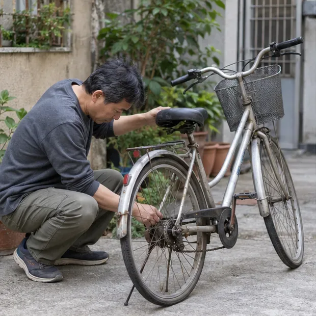 一名男子在住家院子檢查舊腳踏車的車架、鏈條與煞車