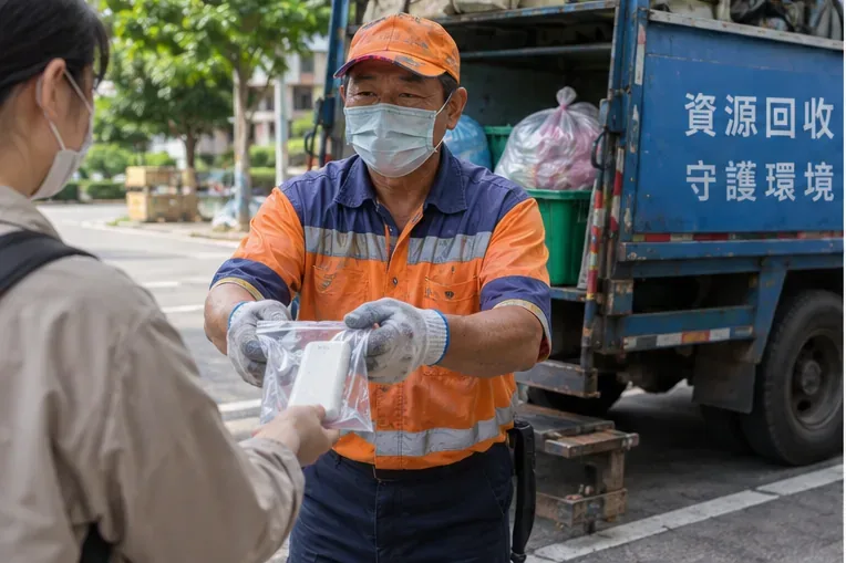 民眾把單獨裝袋的行動電源交給資源回收車旁的清潔人員