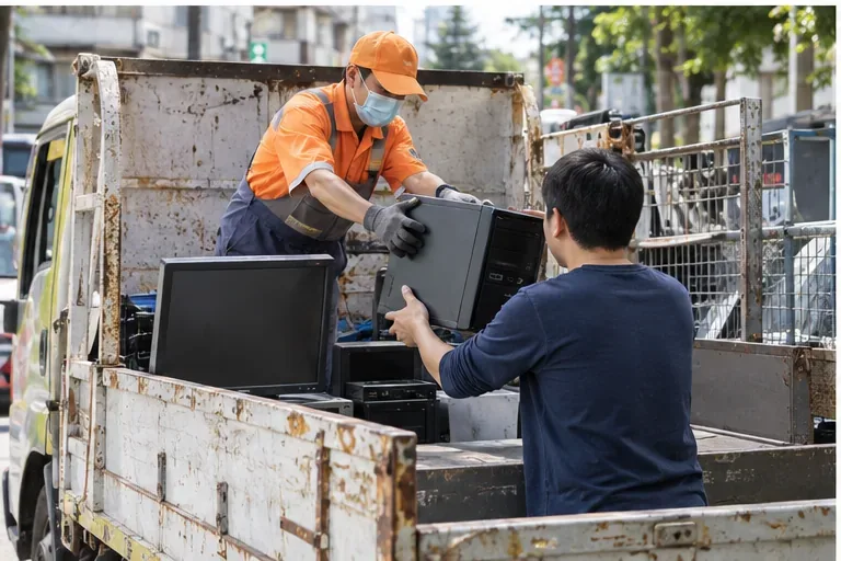 民眾把舊桌上型電腦主機交給資源回收清運人員，旁邊可見回收車與其他舊電腦設備