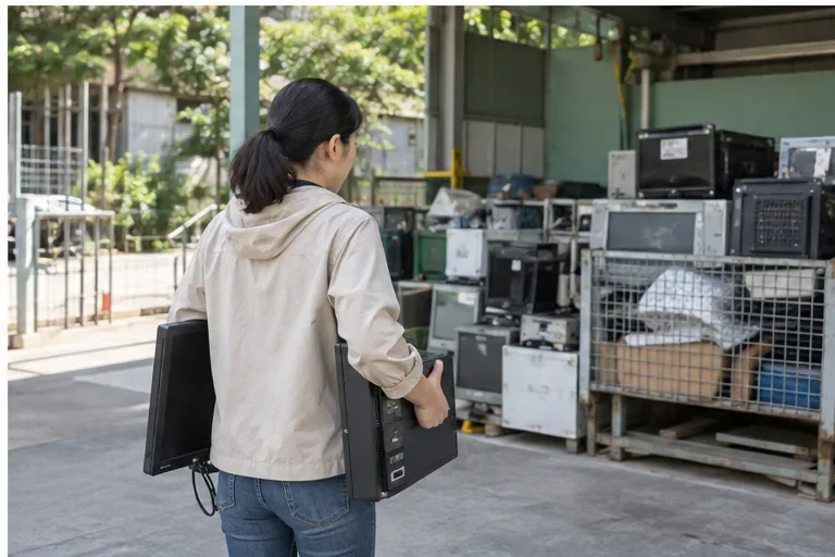 一名民眾抱著舊電腦主機與螢幕走向電子廢棄物回收區，後方可見分類堆放的資訊設備