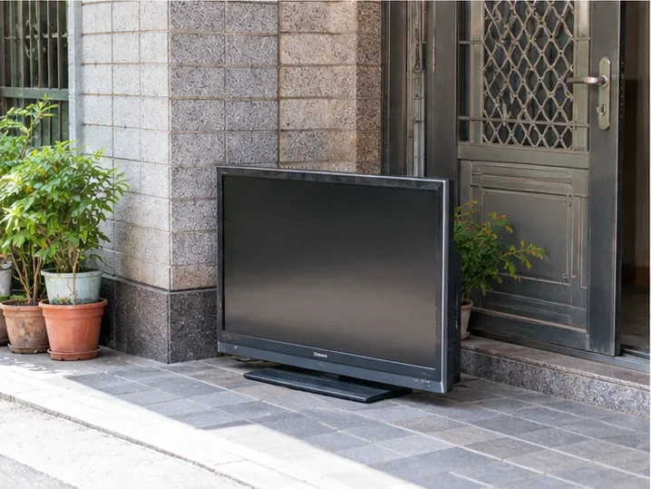 一台大型舊電視暫放在住宅一樓門口內側，等待約定的回收時間