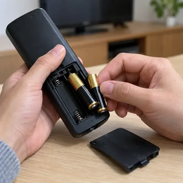 一雙手從電視遙控器中取出兩顆用過的三號乾電池