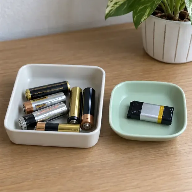 一般圓柱乾電池與一顆電極貼有絕緣膠帶的充電電池分置於不同容器