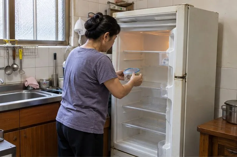 住家使用者打開冰箱，取出層架上的物品並清空內部。