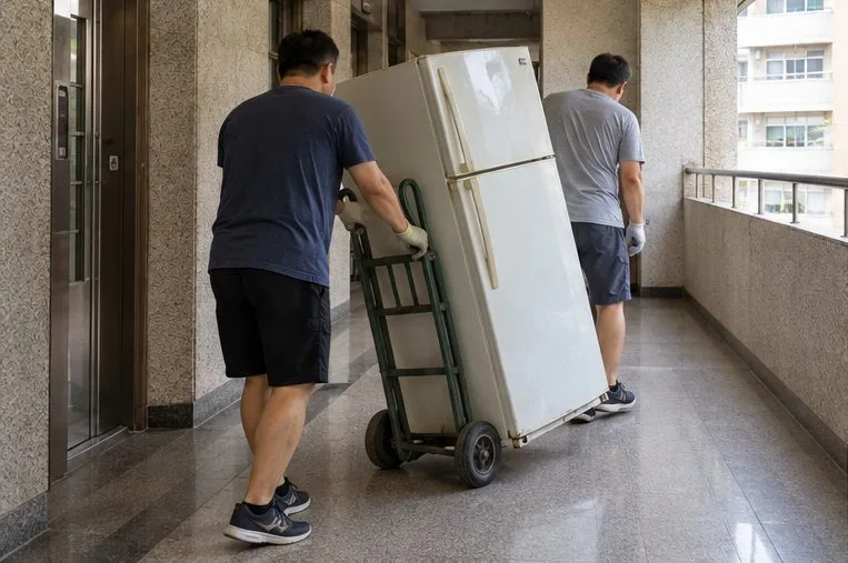兩人使用手推車，將冰箱直立移過住宅走道。