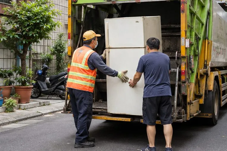 住戶與穿反光背心的清運人員在貨車旁交接一台冰箱。