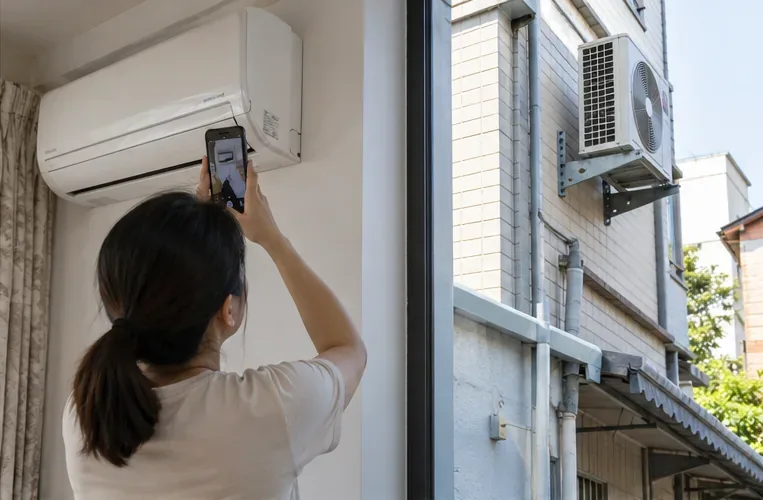 住戶用手機查看室內分離式冷氣，窗外可見室外機