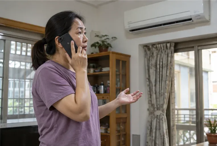 住戶在家中以手機通話，背景牆上安裝一台分離式冷氣