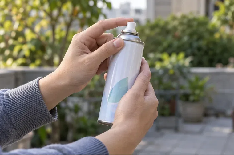 雙手檢查完整的噴霧罐與噴頭，準備確認產品標示和剩餘狀態