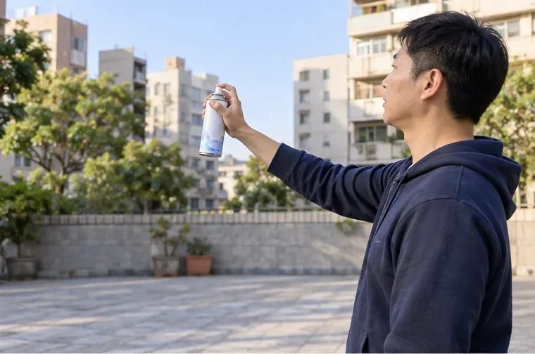 住戶在戶外通風空曠處處理一般家用噴霧罐，周圍沒有火源