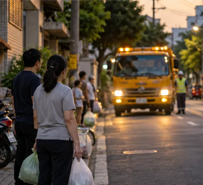 傍晚居民提著垃圾袋在路邊等候，前方垃圾車正沿住宅街道駛近