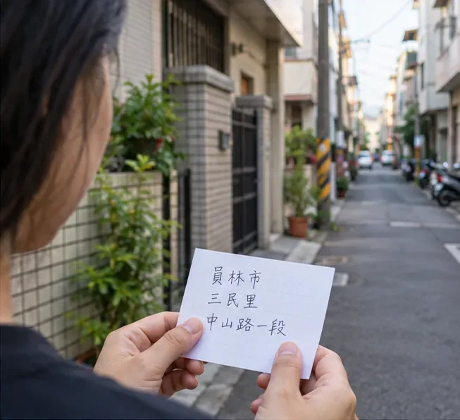 居民站在員林住宅巷弄中，手上寫著里別與道路資訊，準備比對垃圾車路線