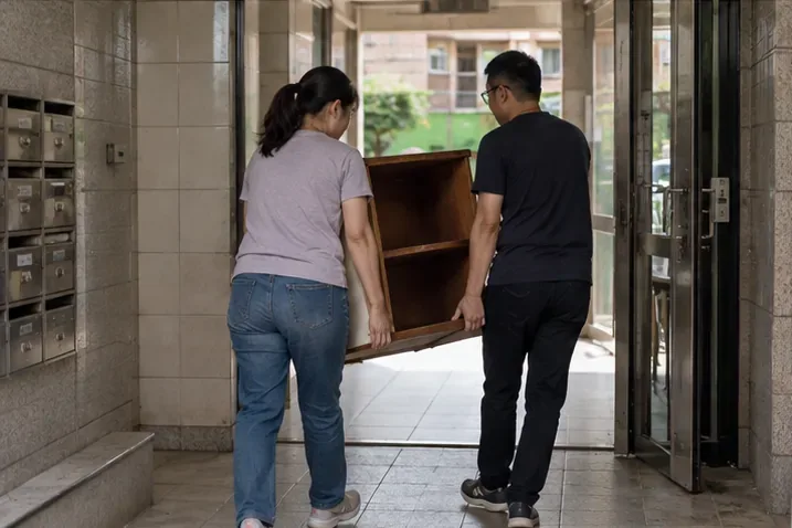 兩名住戶把木櫃從住宅內搬到地面樓層出口，準備依清潔隊約定位置排出