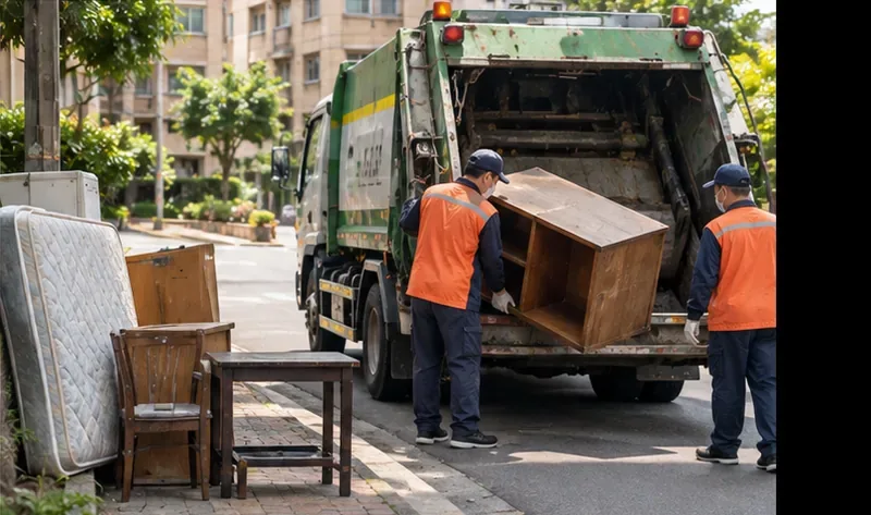 清潔人員在住宅街道把木櫃搬上清運車，旁邊整齊放著床墊、椅子與桌子