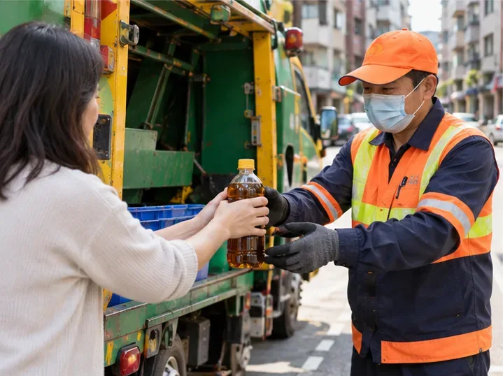 民眾在清運車旁將一瓶密封的深色廢食用油交給穿反光背心與手套的工作人員。