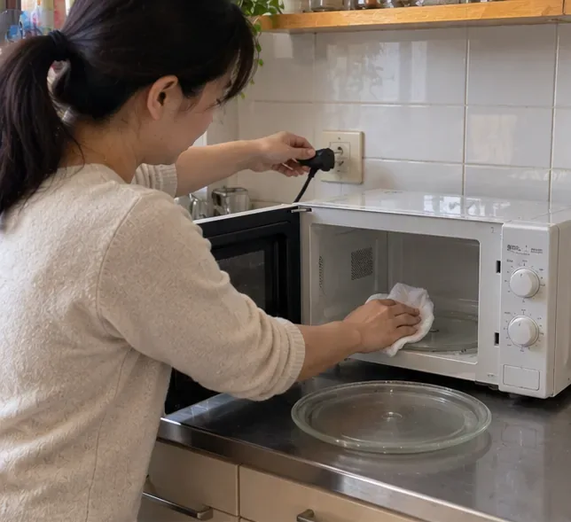 住戶拔掉微波爐插頭並擦拭內部，玻璃轉盤放在旁邊準備固定。