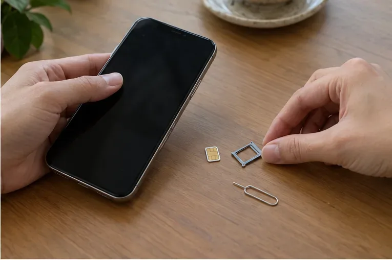 手機已關機，旁邊放著取出的實體 SIM 卡、卡槽與退卡針